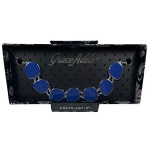 Grace Adele Blue Enamel Pebble Statement Necklace Silver Tone Adjustable